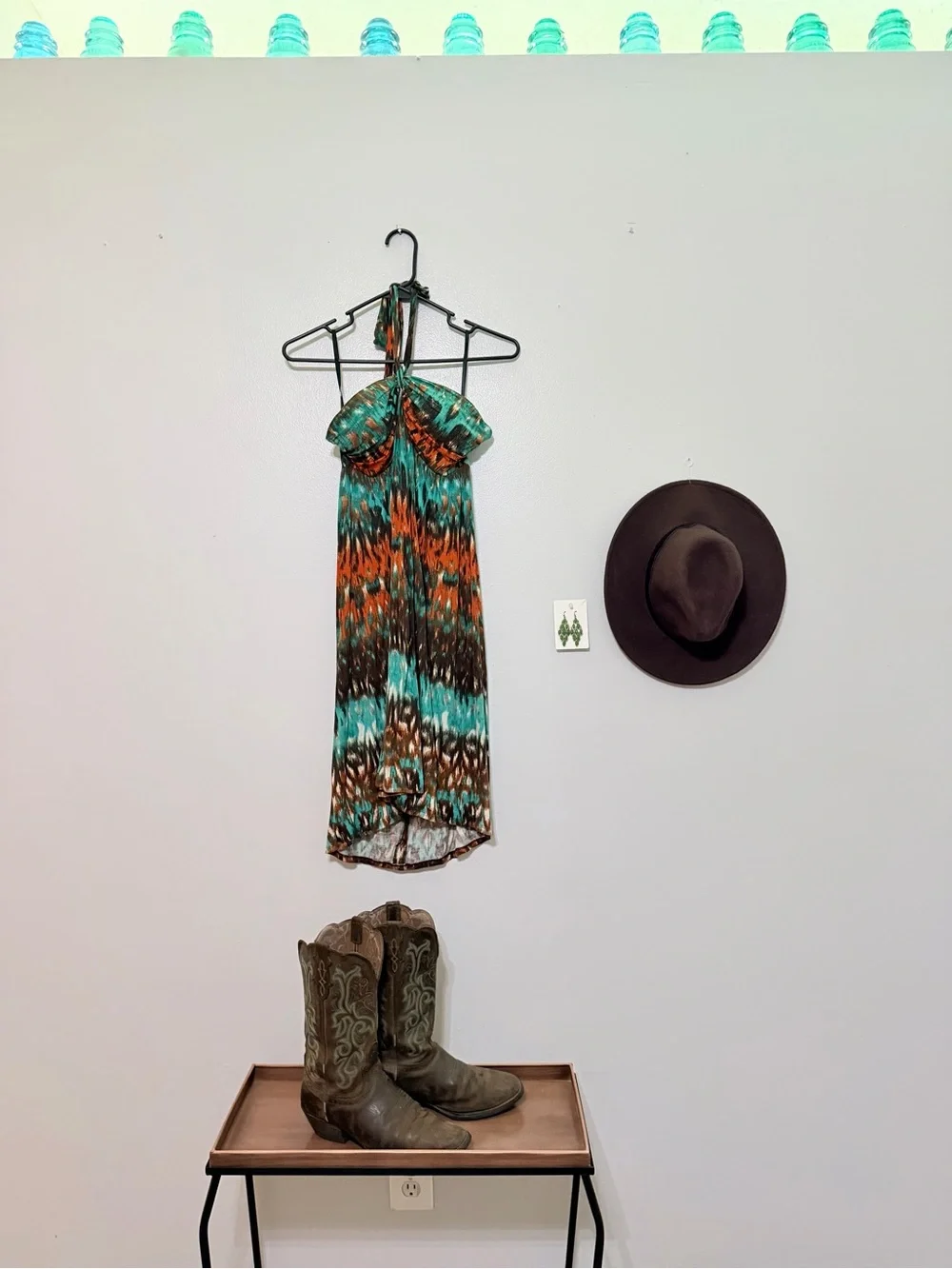 Alyx Teal, Orange and Brown Patterned Halter Dress